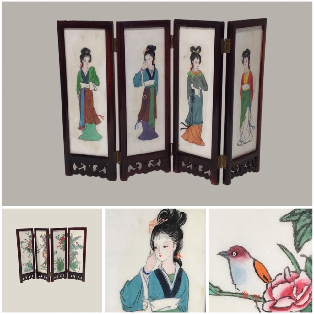 Vtg Asian Small Folding Table Screen Four Double Sided Painted Tiles, Wood